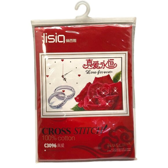 Eternal Love Forever Cross Stitch Kit Roses Rings Faux Clock Chinese Lisia C3096 - Picture 1 of 10